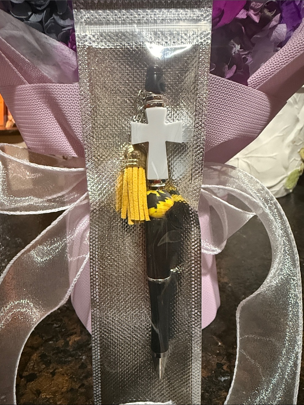 White Cross Pen with Yellow Tassel Keychain - Home Office Accessory